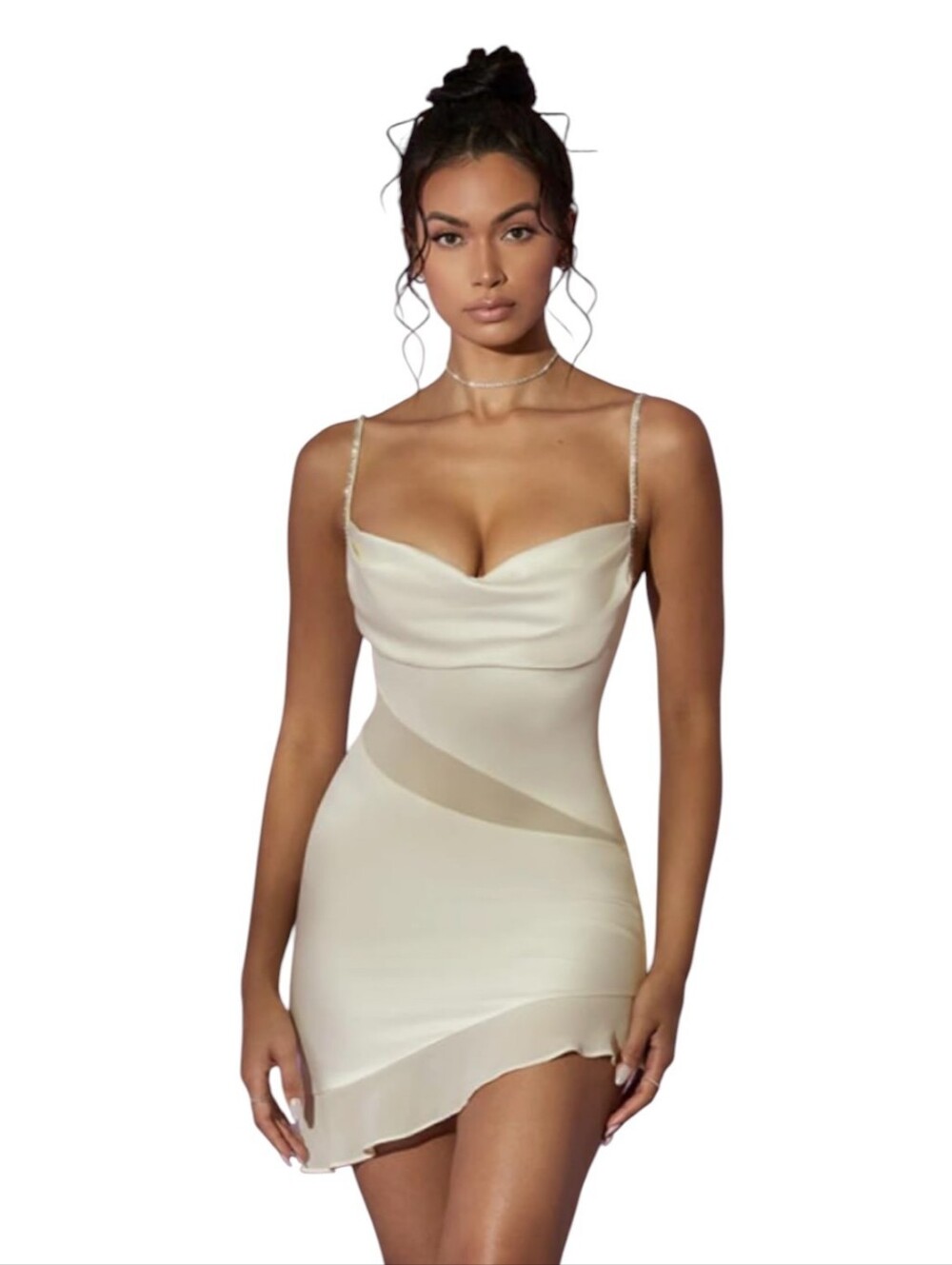 Oh Polly Ivory Satin Cowl Neck Rhinestone Strap Mini Dress Bachelorette US 2 NWT